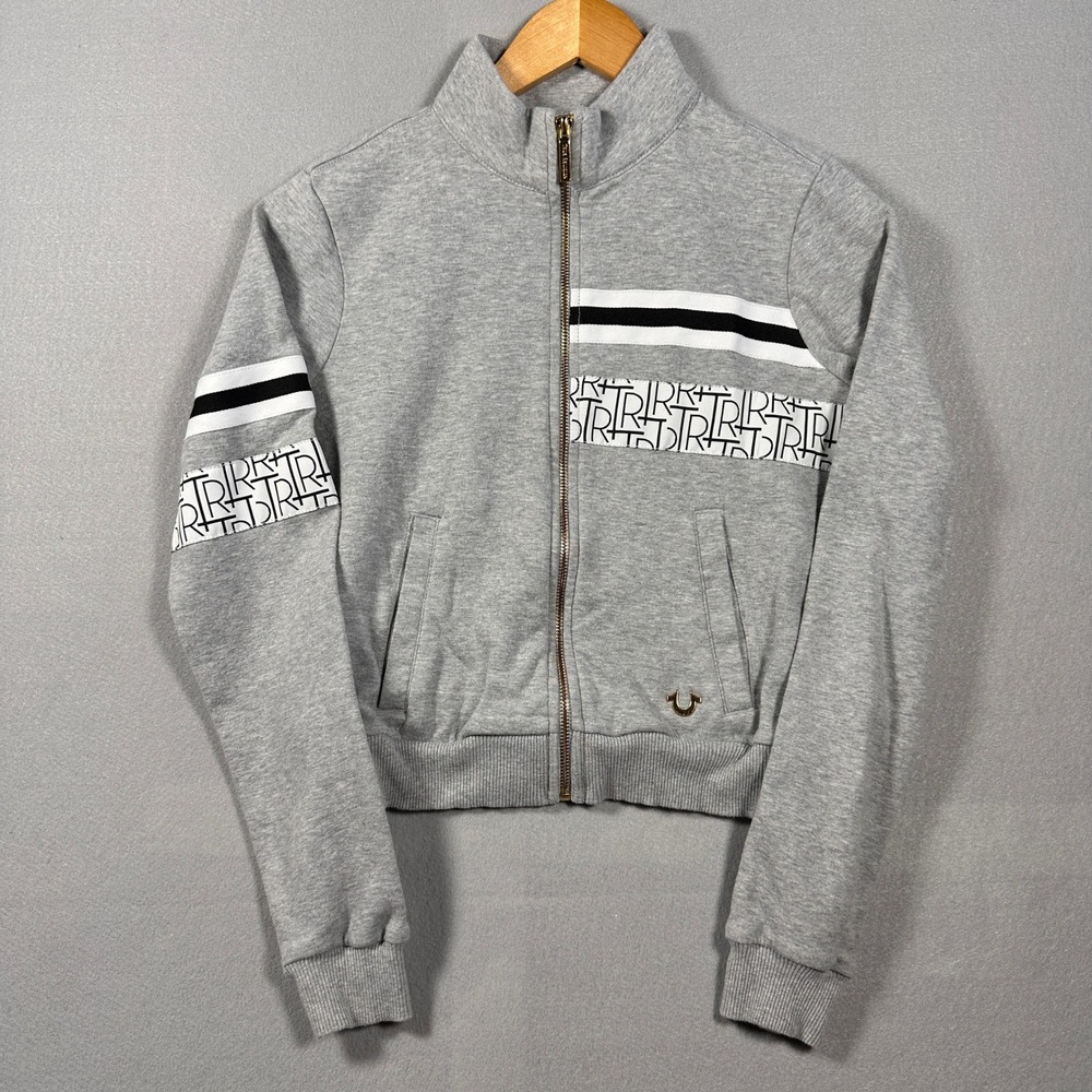 True Religion Womens Gray Cropped Track Jacket Logo Tape Full Zip Sweatshirt S